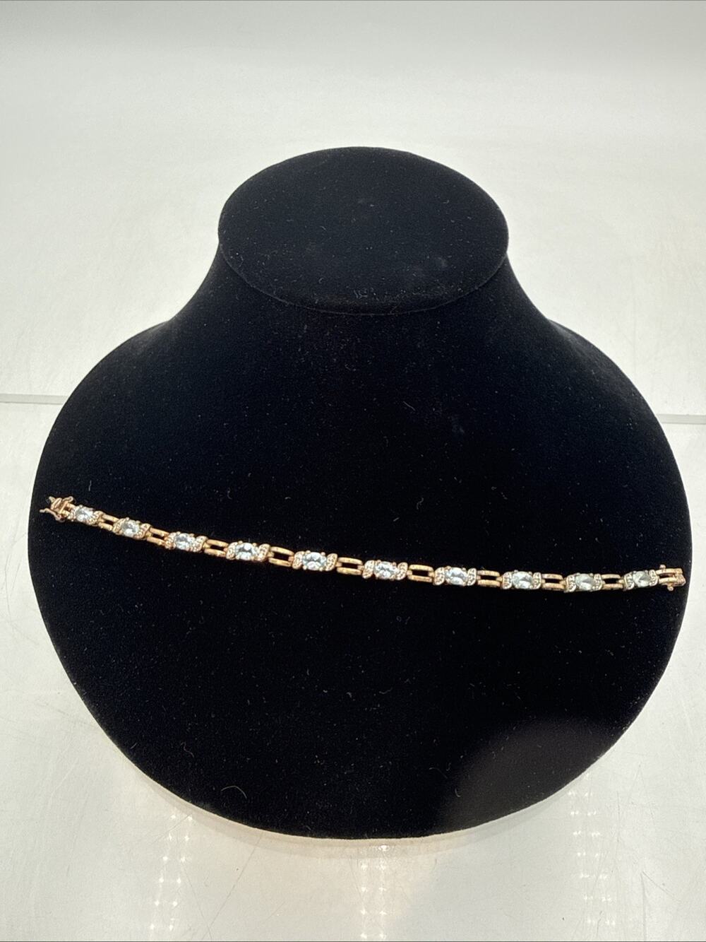 Vintage Yellow Gold Over Sterling Silver 925 Aquamarine & Cz Stone Bracelet 7.5"